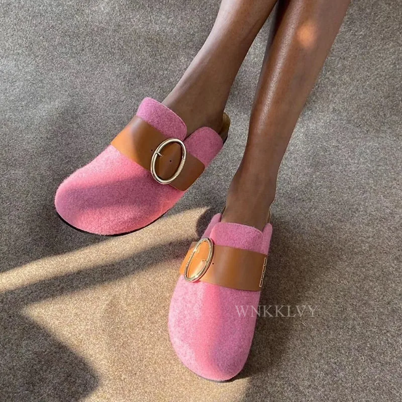 

Pink flat Closed Toe Slippers Women mules Suede belt buckle Lazy loafers Thick sole casual sandals female comfort vacation shoes