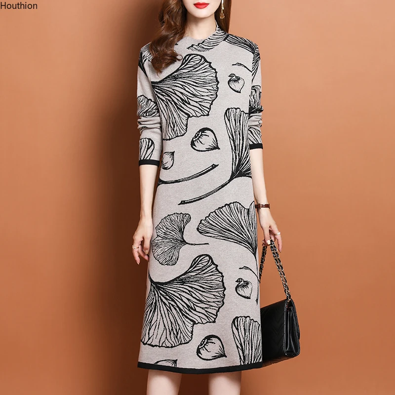 

Knitting Loose Women Dresses New Fashion Casual Long Sleeve Dress Ink Printing O-neck Autumn A-LINE Knee-Length Houthion