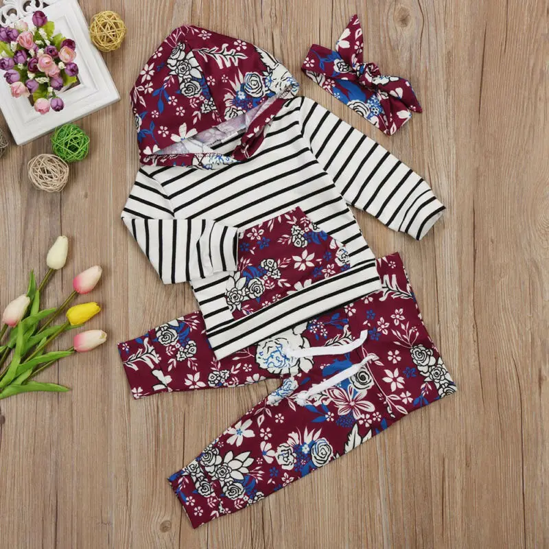 3 шт. полосатый свитер с капюшоном для новорожденных девочек штаны цветочным