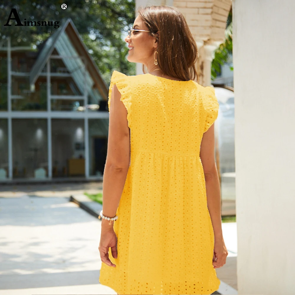 

Boho Solid Blue Short Dress Women Sexy V Neck Butterfly Sleeve Hollow Out Lace Dresses Casual Loose Summer Women's Dress Vestido