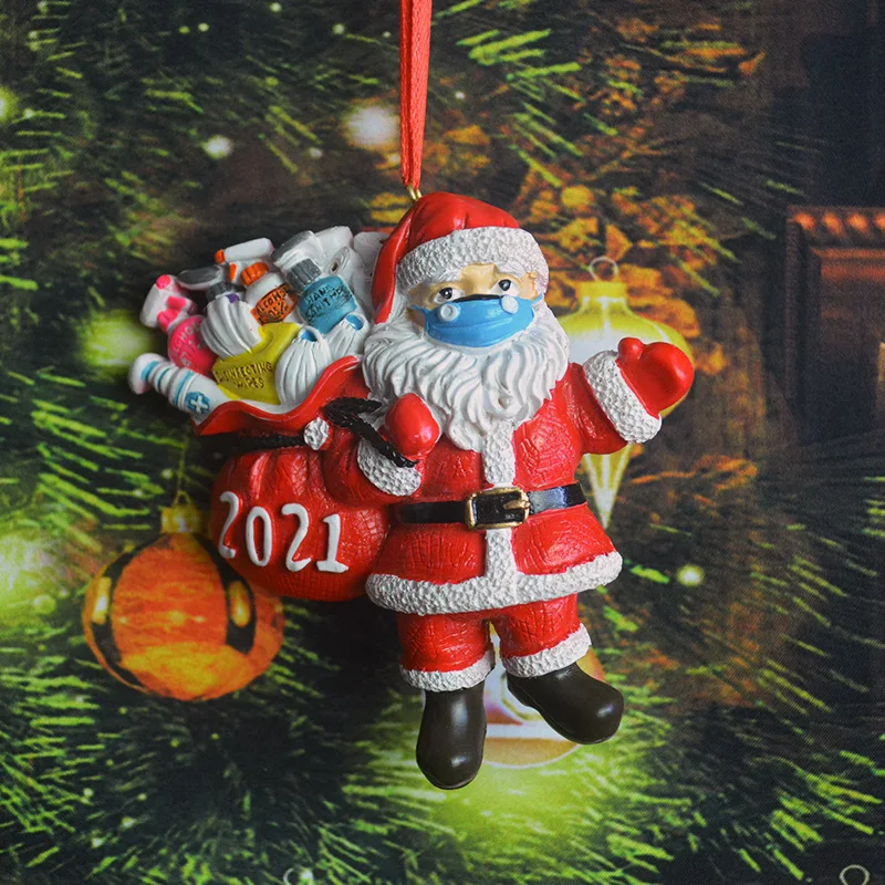 

Newly Small Christmas Statue Santa with Face Cover Carrying Cleaning Tools Resin Hanging Festival Pendant with Special Meaning