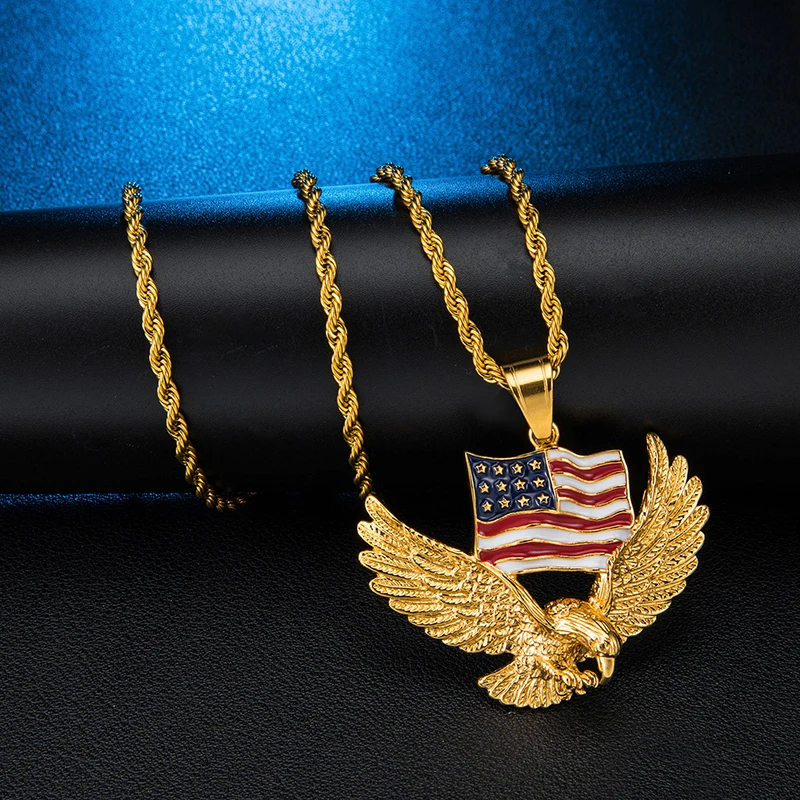 Iced Out Bling Американский Флаг Орел проложили Rhinestoned Нержавеющая сталь ожерелье и подвески для мужчин хип хоп ювелирные изделия
