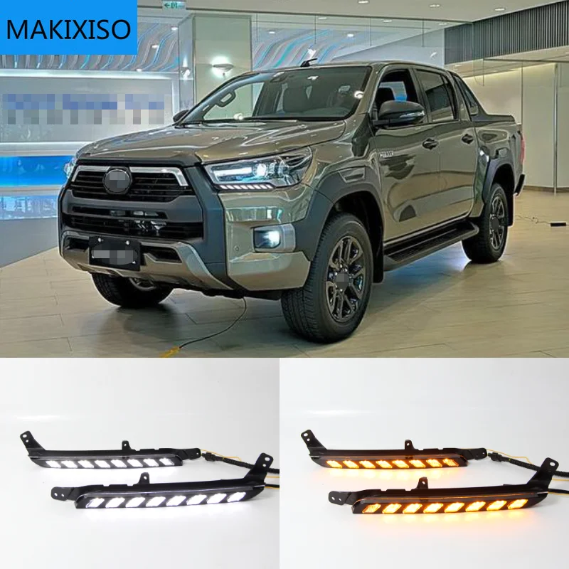 1Pair Car LED headlight Daytime Running Light For Toyota Hilux Revo Rocco 2020 2021 Turn Yellow Signal DRL Daylight