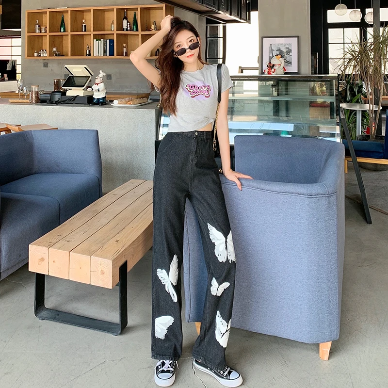 

2021 autumn and winter European and American street ins wind butterfly print plus size high waist jeans women's straight trouser