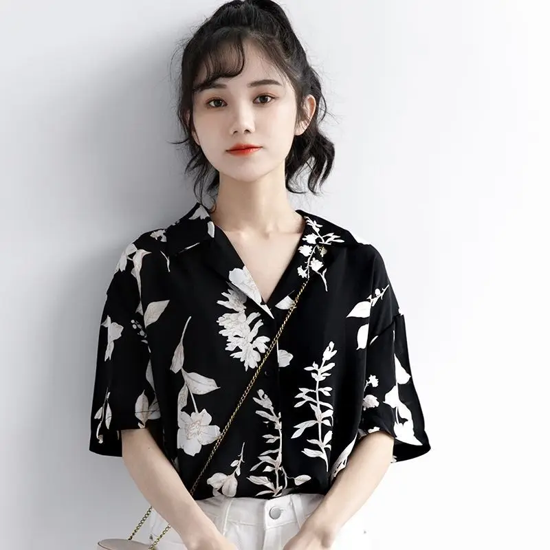 

Женская винтажная рубашка с принтом, Новинка лета 2021, рубашка с коротким рукавом и отворотом, повседневный Топ