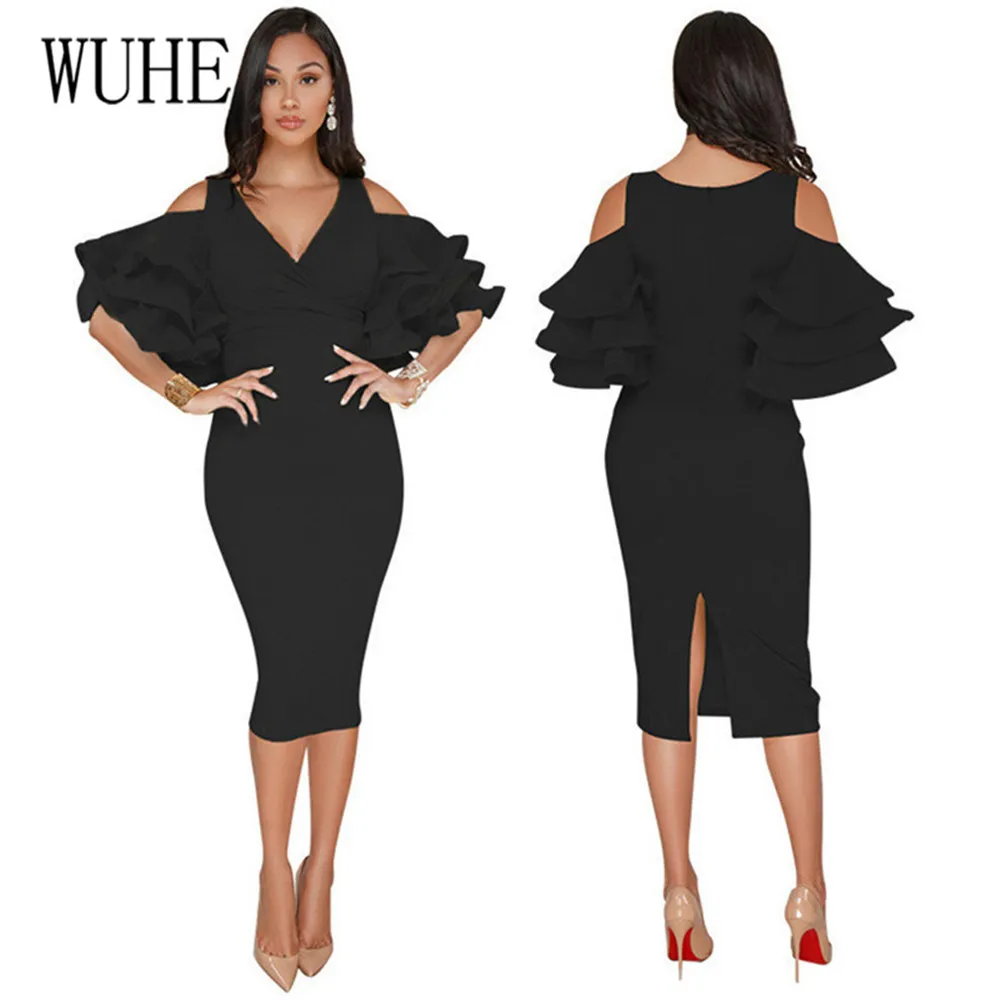 MIXI сексуальное платье-карандаш с v-образным вырезом и оборками на рукавах, элегантное вечернее платье с открытыми плечами, повседневное женское облегающее платье длиной до колена