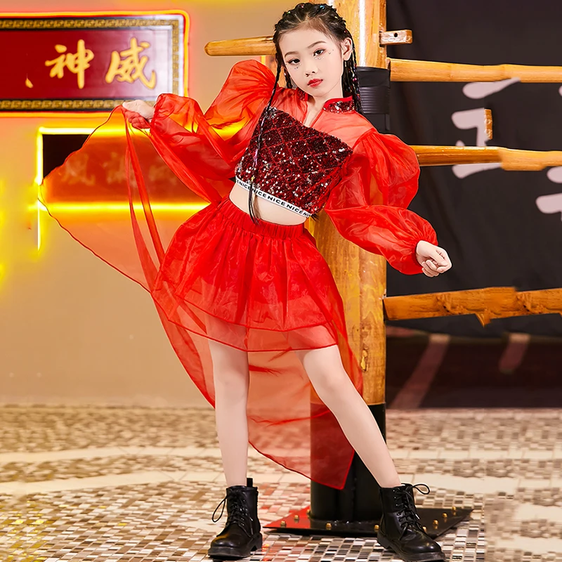 

Костюм джазового танца для девочек, модная одежда для подиума, детский костюм из сетчатой пряжи с красными блестками, наряд в стиле хип-хоп, ...