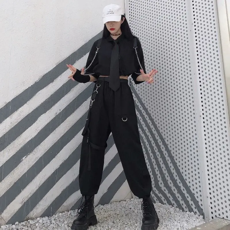 

QWEEK Punk Black Cargo Pants Women Hip Hop Loose High Waist Pants Streetwear Oversized Wide Leg Pants Korean Style Trousers 4xl