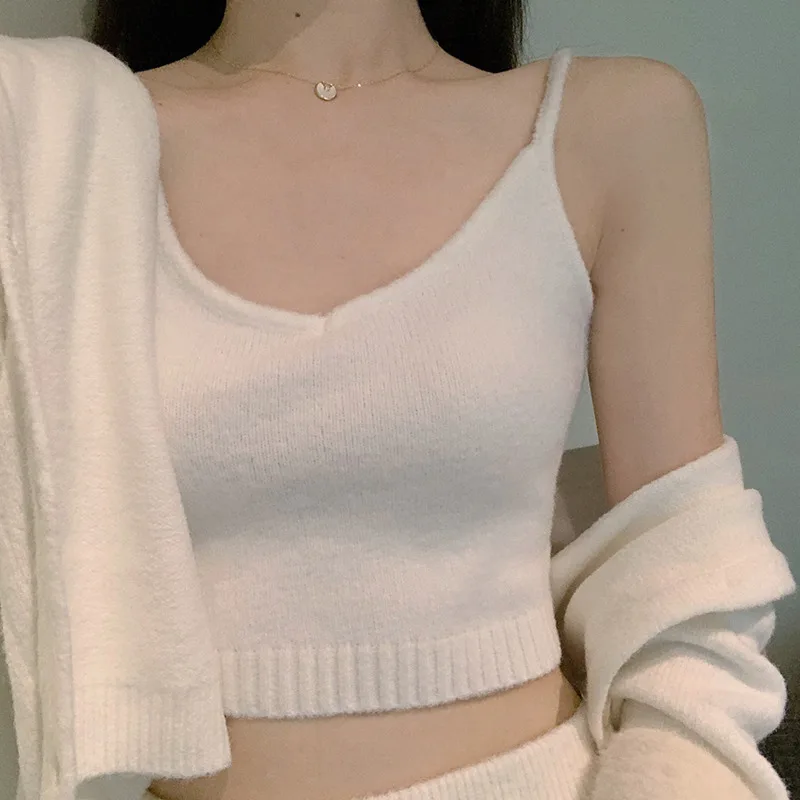 

High Quality Fall Winter Knitted Tracksuit Women Hoodie Cardigan + Short Sexy Crop Top + Wide Leg Long Pants Suits 3 Piece Set