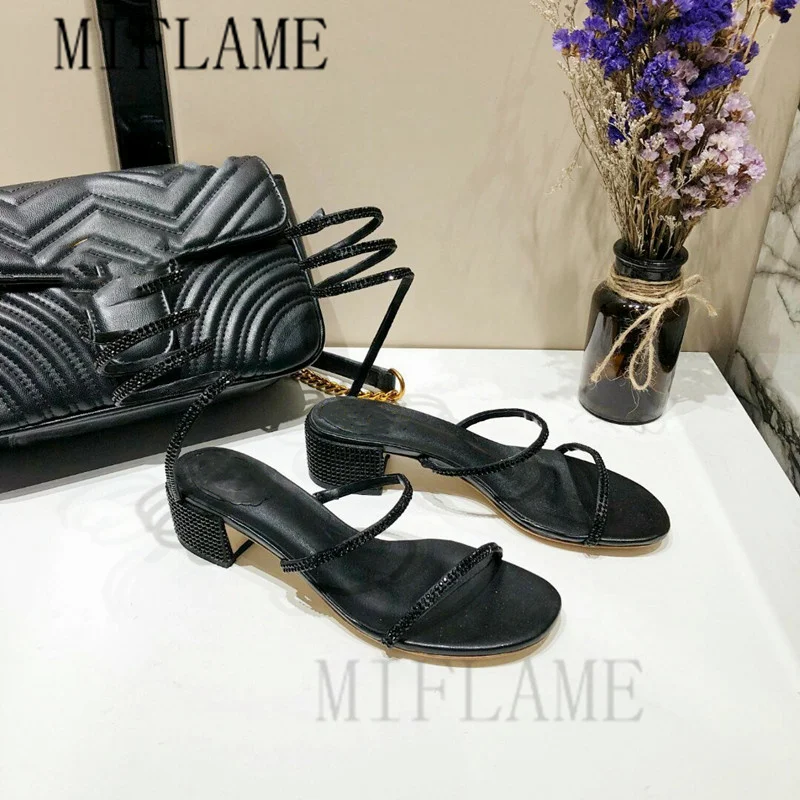 

2021 Sexy Snake Shape Entangled Mid-Calf Square Heel Sandals Summer Rhinestone Rivet Fairy Leather Sandals Party Casual Shoes