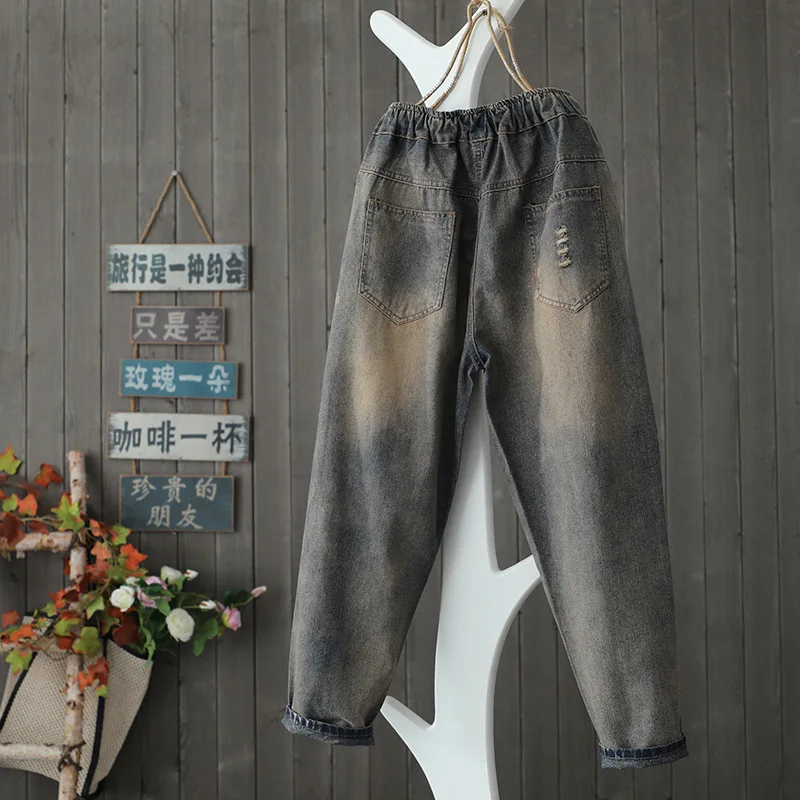 QPFJQD Retro Hole Female Original Spring Autumn Drawstring Elastic Waist Loose Big Size Rabbit Embroidery Harem Patch Jeans | Женская