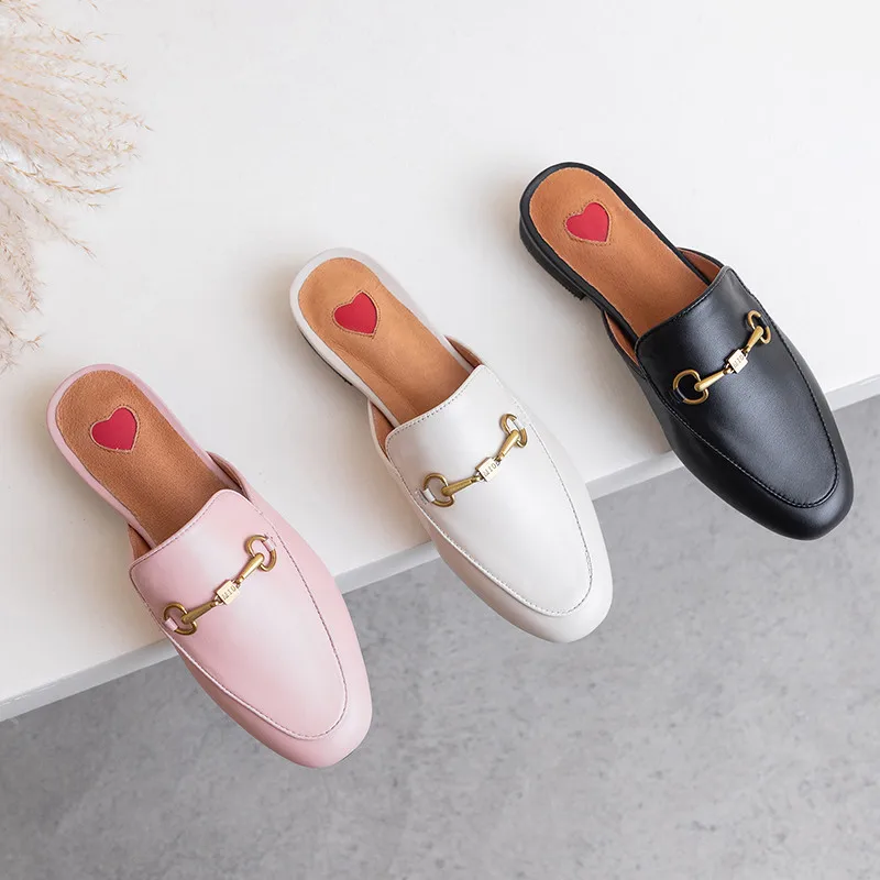 Top quality full genuine leather shoes women slipper Metal decoration fashion brand mules casual flat ladies | Обувь