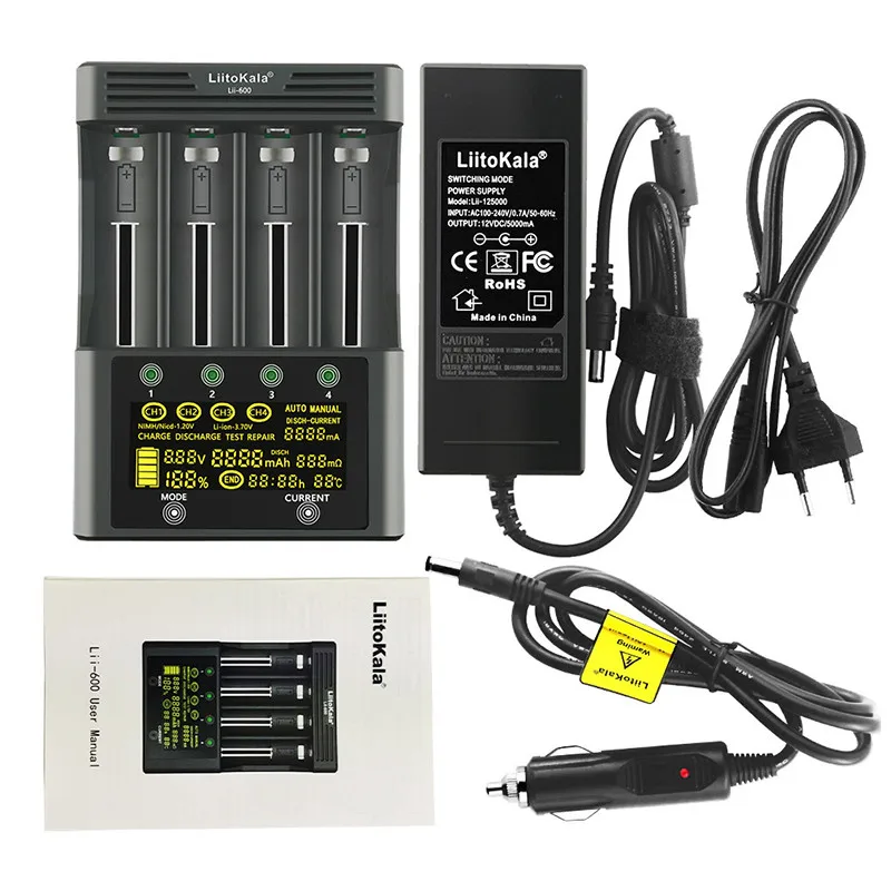 

LiitoKala lii-600 Battery Charger 3.7V/1.2V AA/AAA 18650/26650/16340/14500/10440/18500 with LCD Screen+12V5A Adapter+Car Charger
