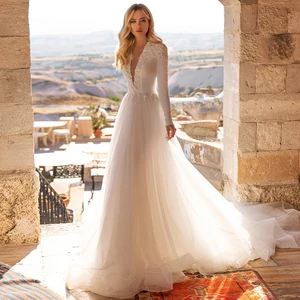 Elegant A Line Soft Tulle Bridal Gowns Deep V Neck Long Sleeves Beading Sequin Appliques Ukraine Wedding Dress