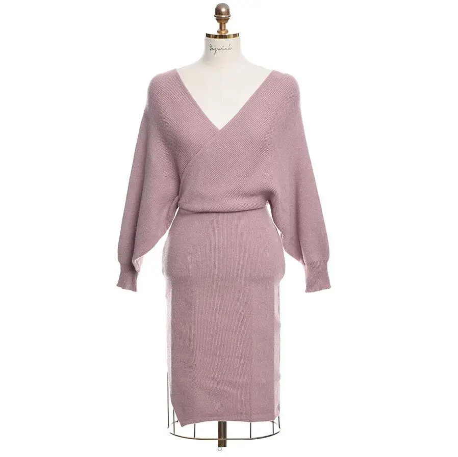 

New Autumn Knitting Dress Women Batwing Sleeve Sexy V-neck Knitted High Waist Good Elastic Elegant Korean Office Lady Vestido