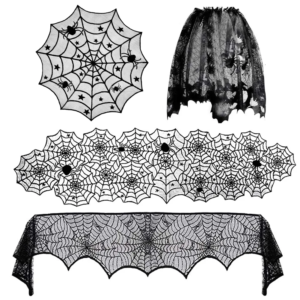 

Halloween Decoration Lace Spider Web Skeleton Skull Tablecloth Runner Black Fireplace Mantel Scarf Event Party Decoration Supply