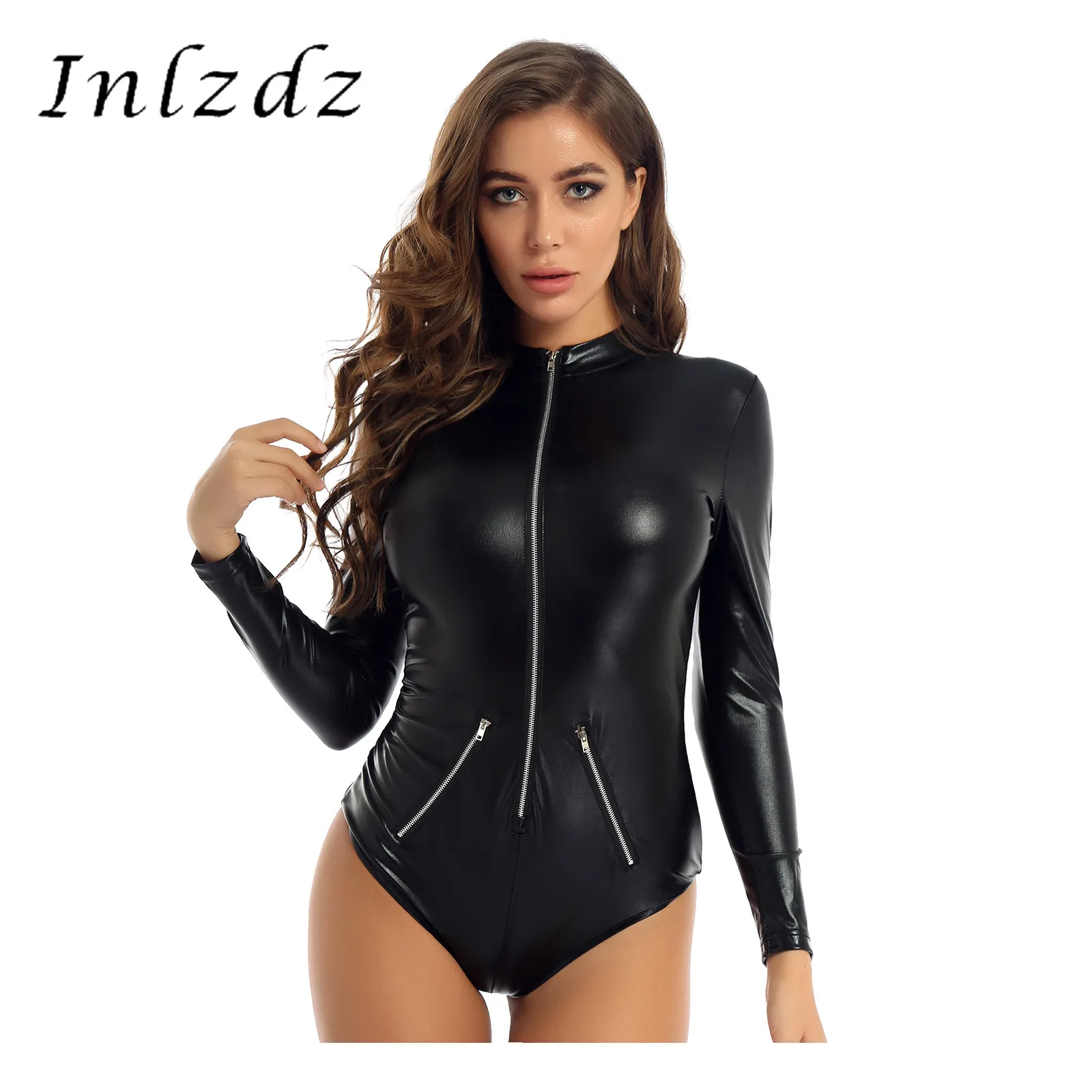 

Женское боди из лакированной кожи на молнии, с воротником-стойкой