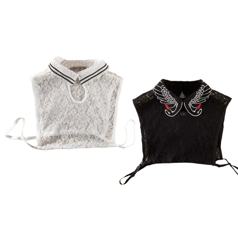 

Women Lapel False Collar Swan Embroidery Striped Floral Lace Half Shirt Dickey XX9D