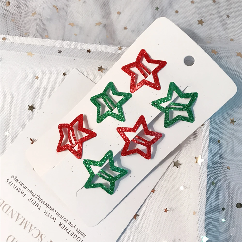 

6pcs/set Star Shape Hair Snap Clips 3.5 Cm Glitter Pentagram Metal Hair Clips Cute Bling Bling Hairpins Girls Bb Clips