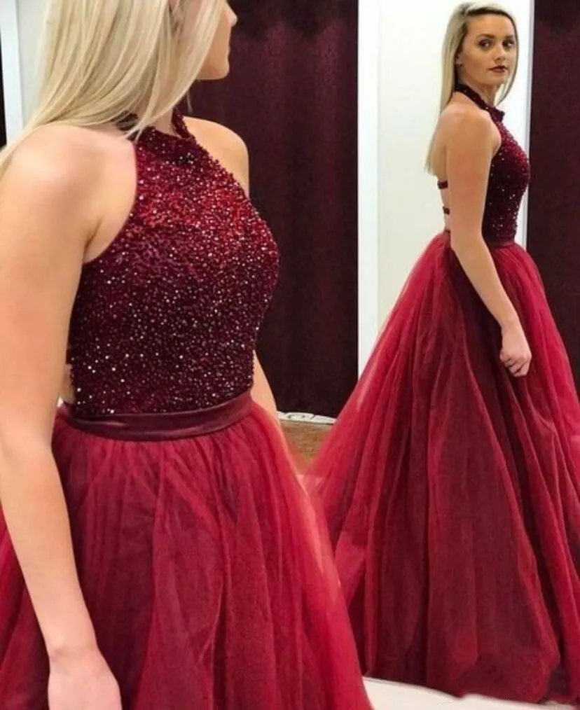 

Hot Crystal Beaded Burgundy Prom Dress Sleeveless Halter Long Evening Dresses Formal Party Gown vestidos de gala