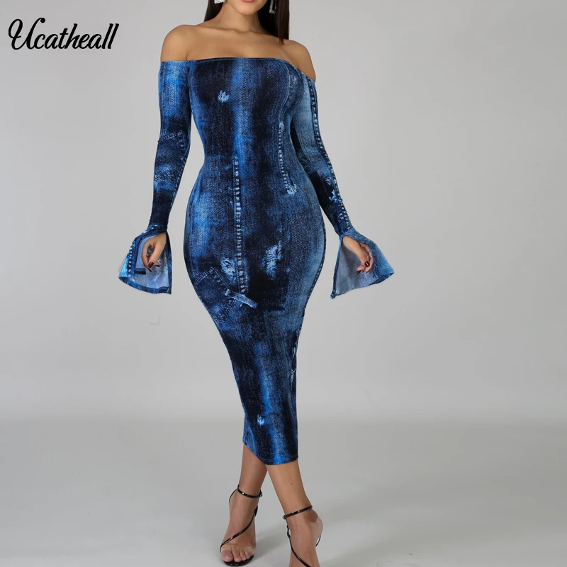

Summer Fashion Off Shoulder Long Sleeve Denim Dress Women Sexy Night Club Hem Split Jean Dresses