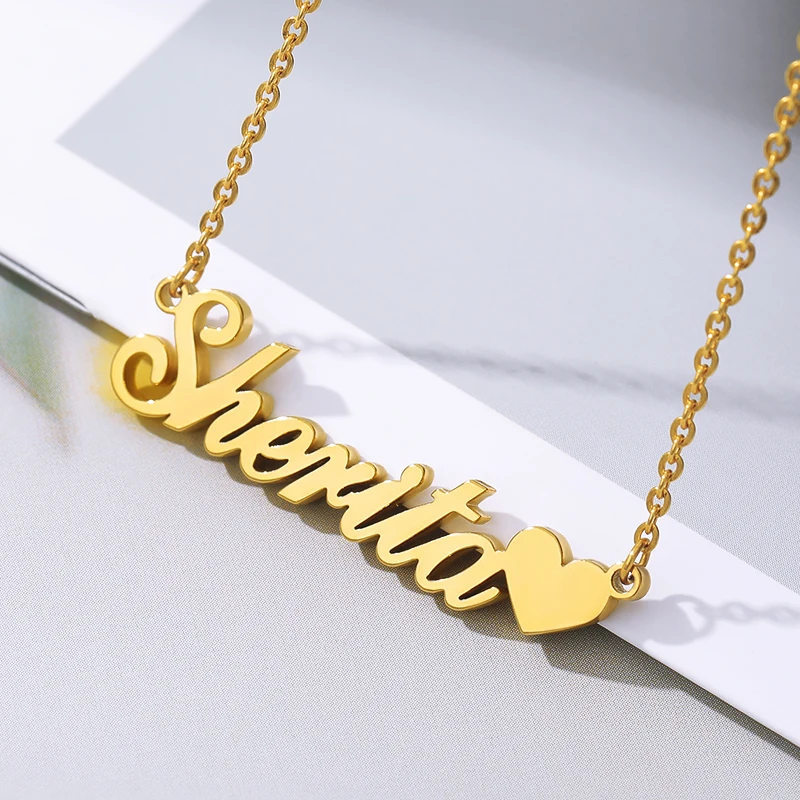 Custom Name Necklace With Heart Gold Color Chain Stainless Steel Handmade Customized Personalized Gift For Her | Украшения и