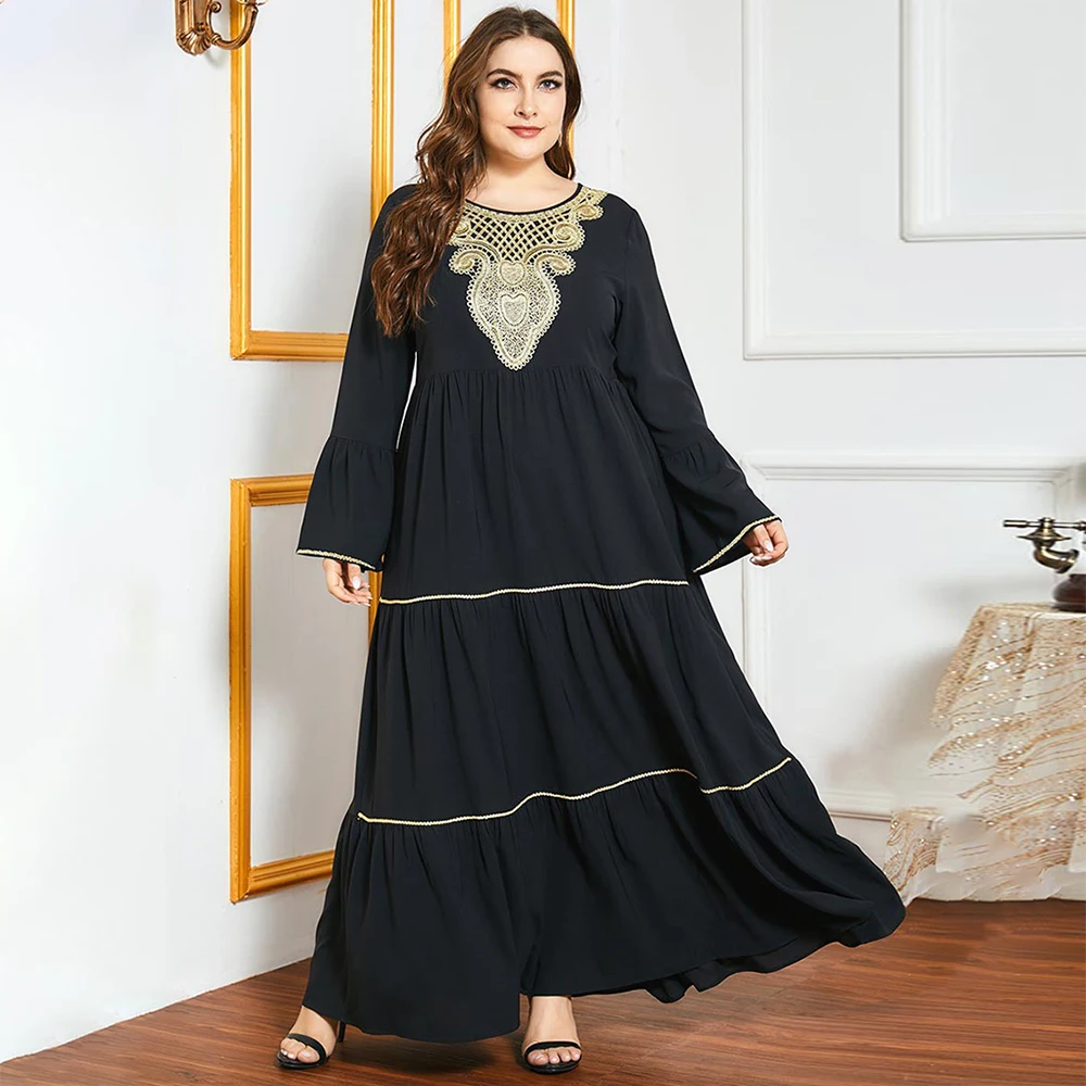 

Fridayin Arabic Style Multi-Layer Long Embroidered Plus Size Black Muslim Dress Kaftan Abaya