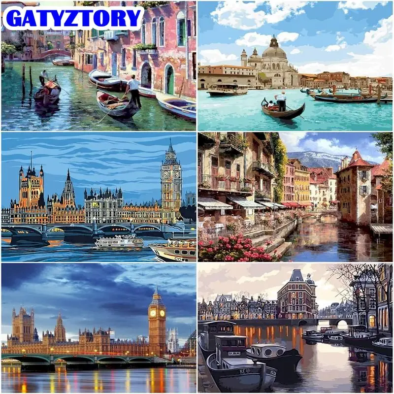 

GATYZTORY DIY Oil Painting By Numbers City And Venice River Landscape Kits Drawing Canvas HandPainted Gift Pictures Wall 40x50cm