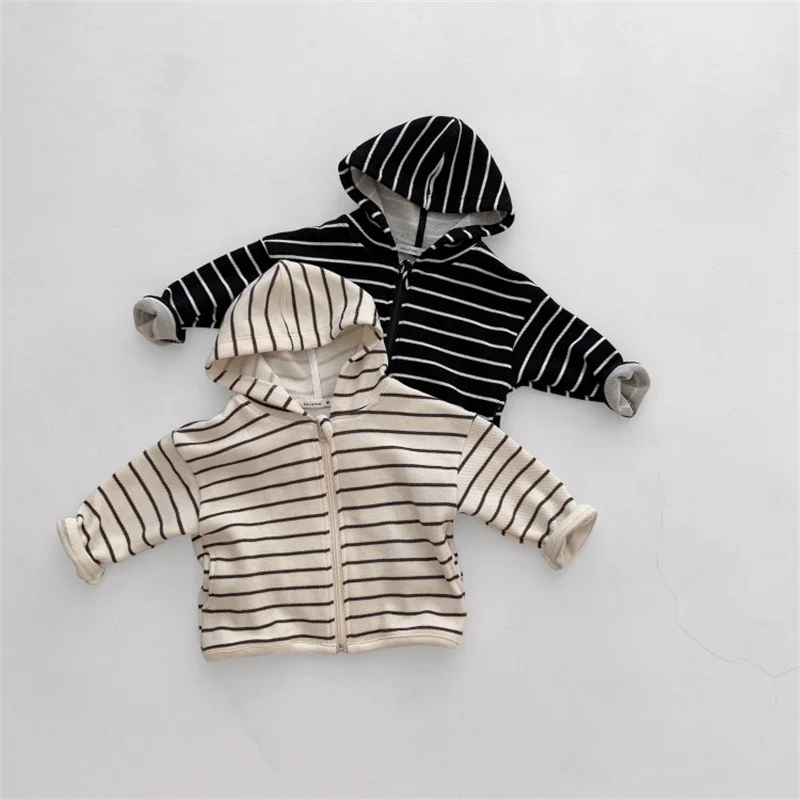 

Autumn 2021 Unisex Fashion Striped Hoodies Children Pure Cotton Soft Loose Zipper Hooded Sweatshirts