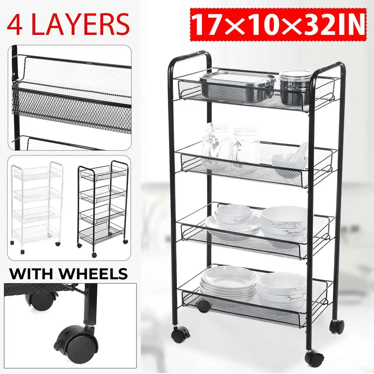 

4 Layer Removable Storage Rack Kitchen Bathroom Trolley Floor Shelf Space Saving Mobile Storage Rack Organizer with Wheels