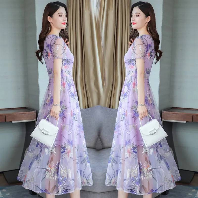 

Plus Size 4XL Elegant Chiffon Big Swing Floral Print dress summer Short Sleeve V-Neck A-Line Bohemian beach party Dresses LU1931