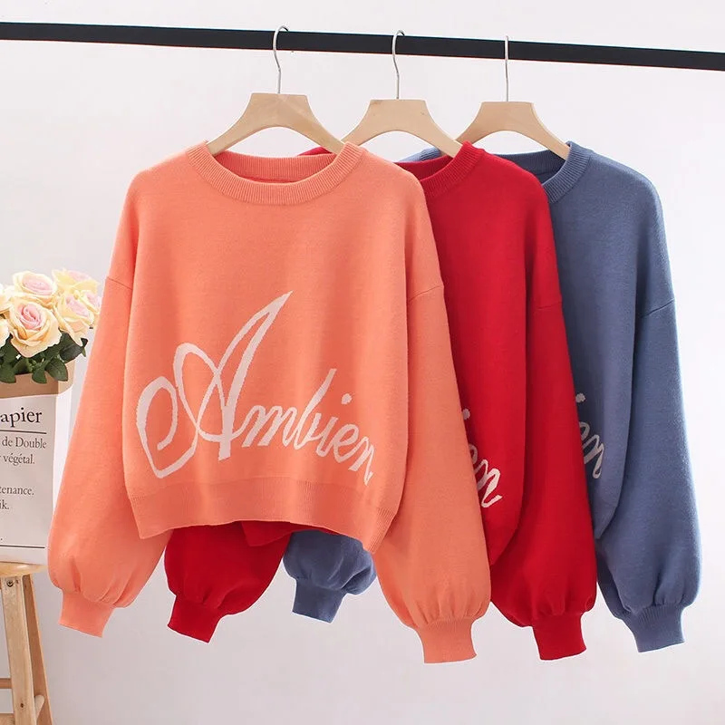 

Korean Loose Pullover Sweater for Women Autumn and Winter New 2020 Outer Wear Letter Round Neck Sweaters Top for Women Laziness