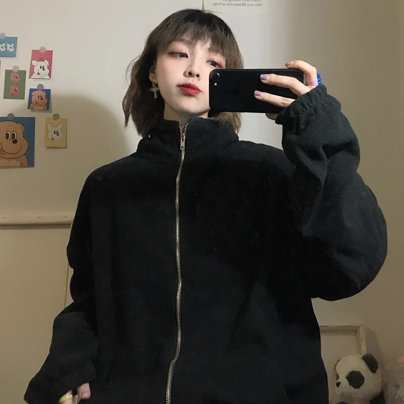 

Jackets Women Zip-Up Turtleneck Korean Style Harajuku Loose Thicker Women's Coat Solid All-match Harajuku Autumn Womens Clothing