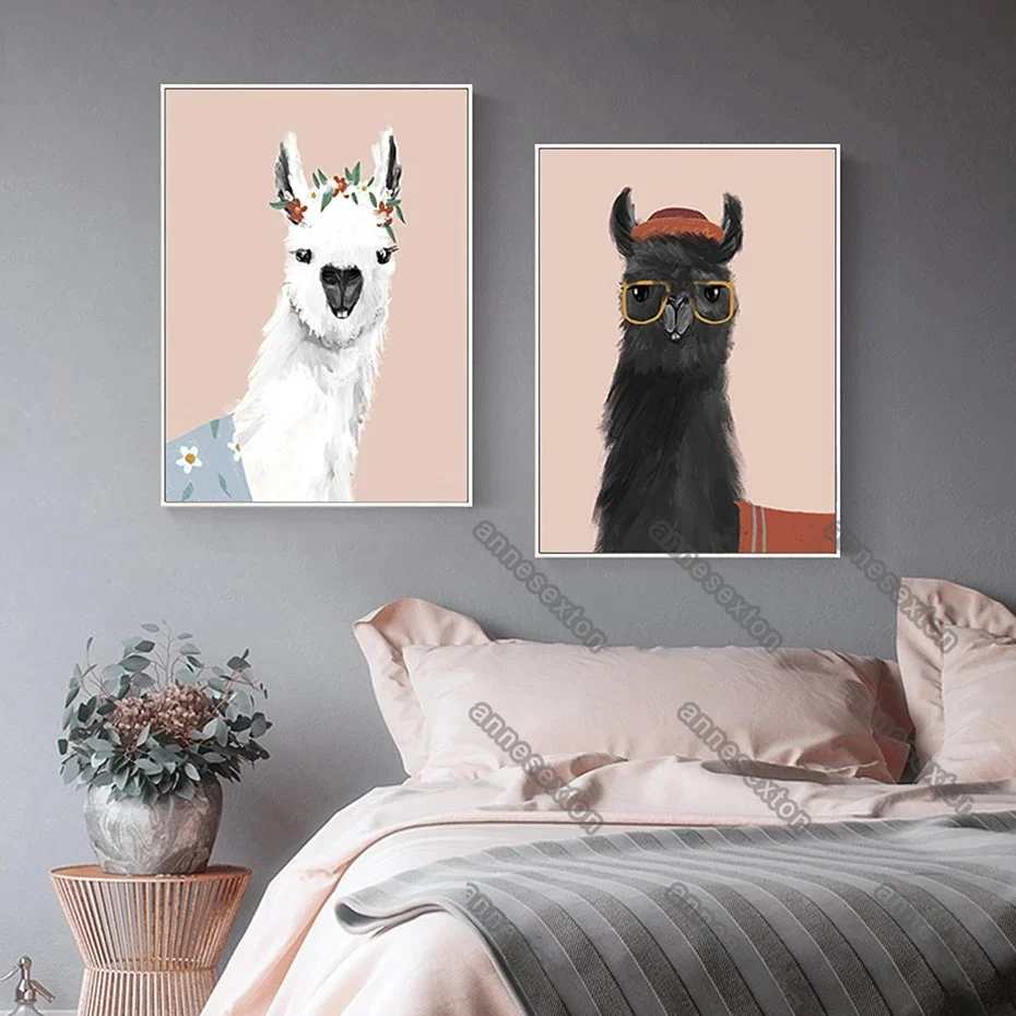 

Modern Style Canvas Painting Poster and Print Black White Alpacas Wearing Clothes and Sunglasses for Home Rooms Wall Decoration