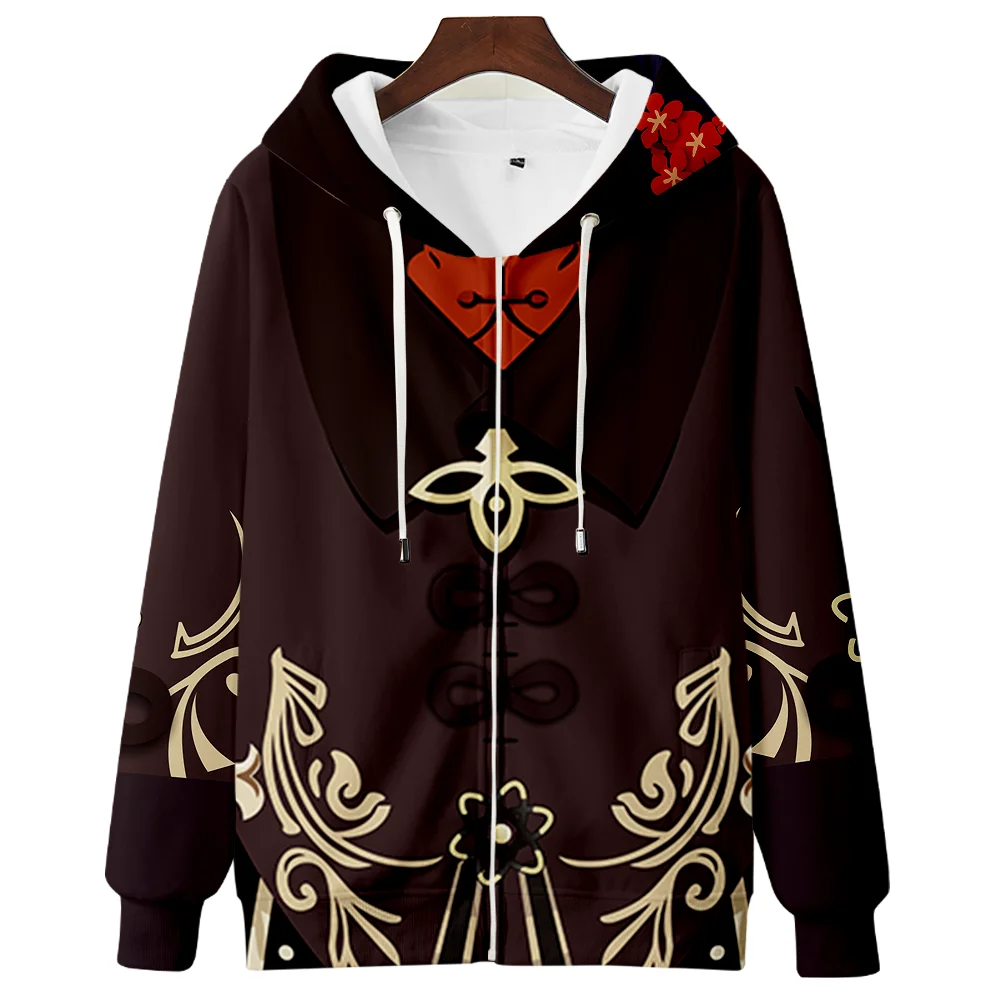 

Hot Game Genshin Impact Hoodie Hu Tao Cosplay Zip-up Sweatshirts Men Woman Hooded Casual Oversized Clothing Cartoon kids Coats