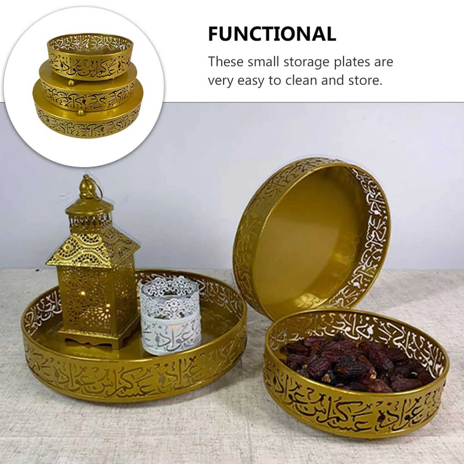 

3Pcs Ramadan Kareem Iron Storage Tray Muslim Tabletop Confection Serving Plate Dessert Plate Tableware Home Kitchen Decoration