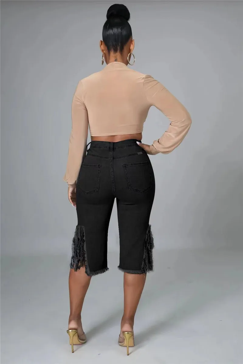 Женские рваные хлопковые шорты-бермуды повседневные синие прямые джинсовые