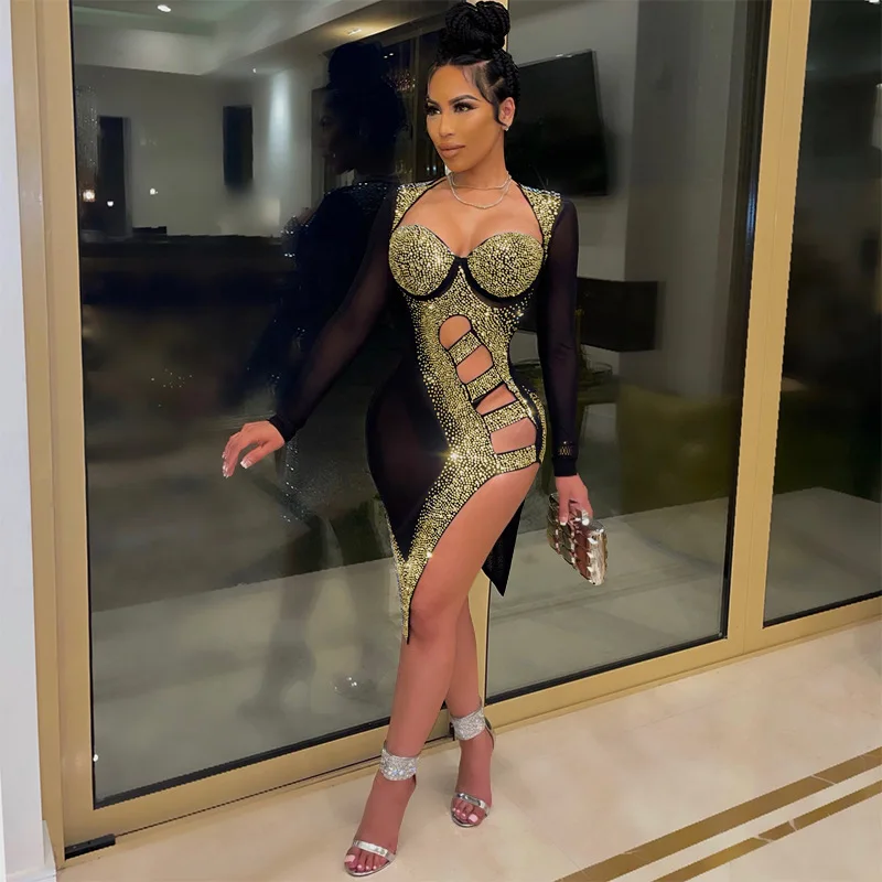 

Diamonds Hollow Out Sheer Mesh Club Party Dress Women Sexy black Strapless Long Sleeve Midi Vestidos Female Elegant Outfit S-2XL