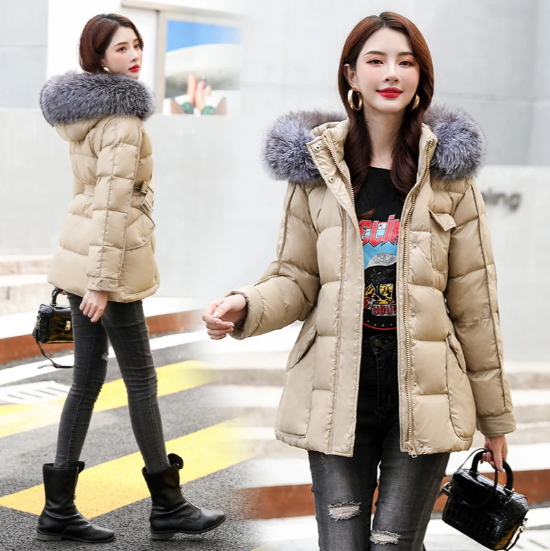 

Winter Women's Down Jacket Fashion Slimming Fox Fur Collar White Duck Down Jacket Women Outdoor Leisure Short Cotton Jacket
