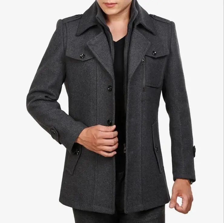 

2019 Men's Winter Long Coat Fleece Jacket Men Wool Coat With Pockets Cashmere Stand Collar gray black large size 4XL