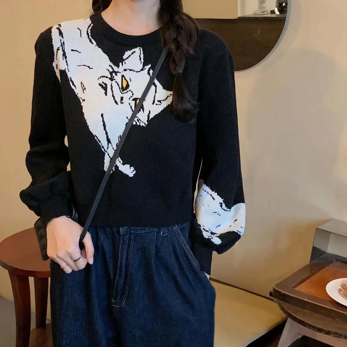 

Cat Jacquard Knitted Sweater Women 2021 Autumn Winter Lantern Sleeve O-Neck Pullover Student Kawaii Loose Short Tops
