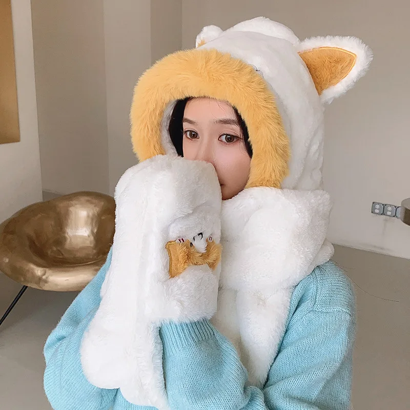 

Симпатичные кошачьи ушки, подходящие цвета, плюшевый шарф с капюшоном, одна женская зимняя теплая шапка для защиты ушей, перчатки, комплект ...