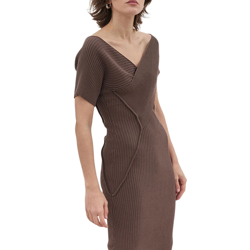 

Summer 2021 New Trendy V-neck Asymmetric Slim Dress For Women Fashion High Quality Coffee Color Acrylic Sexy Lady Long Dresses