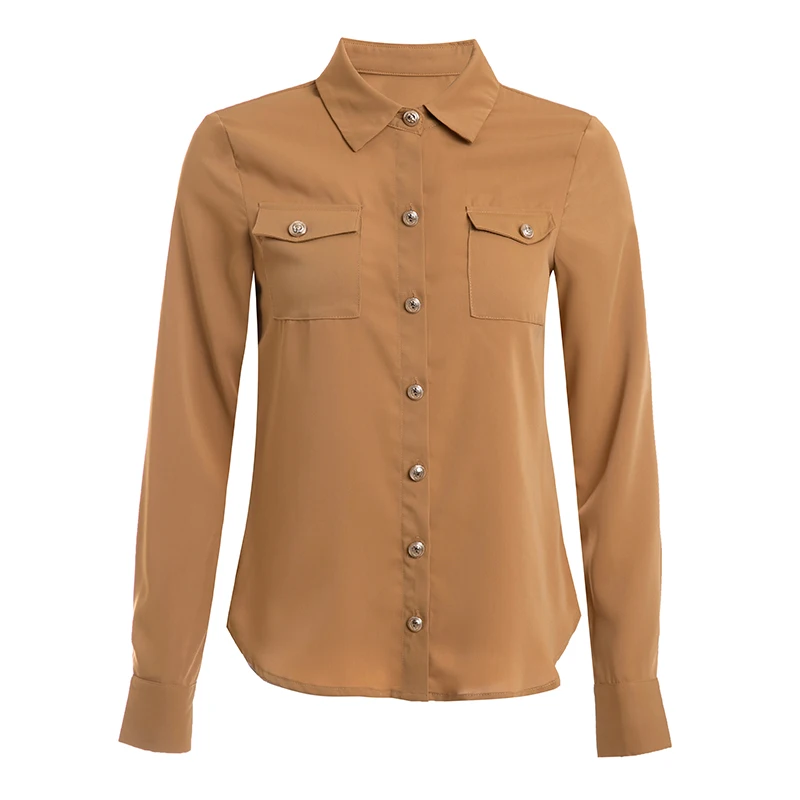 

Высококачественная заводская цена, повседневная женская рубашка цвета хаки, с длинным рукавом, с металлическими пуговицами, Осенние Коротк...