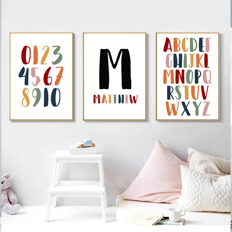 

Infant Literacy Picture Prints Children Alphabet Art Poster Customizable Your Names Wall Decor Numbers Canvas Painting DZ009