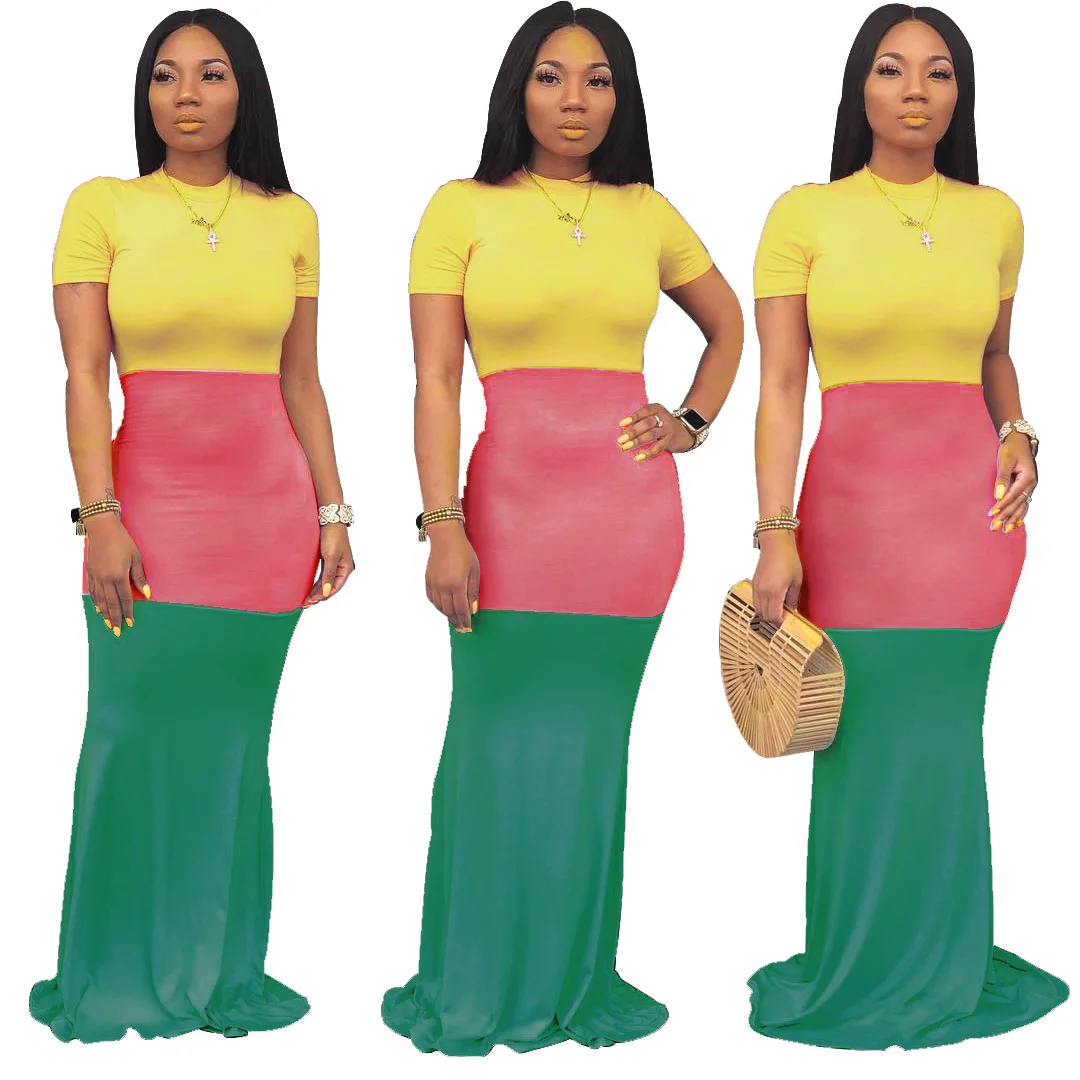 Женское длинное облегающее платье Русалка контрастных цветов с круглым вырезом