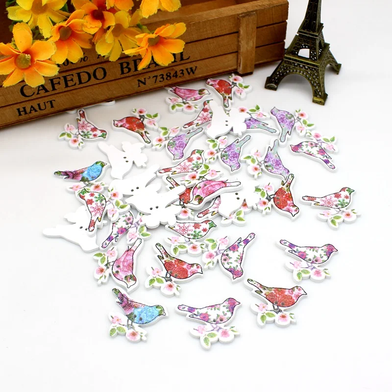 

50pcs/lot Little bird Handmade Wooden DecorativeButtons Noel Accessories Scrapbooking for Clothing DIY Craft Decoration Button