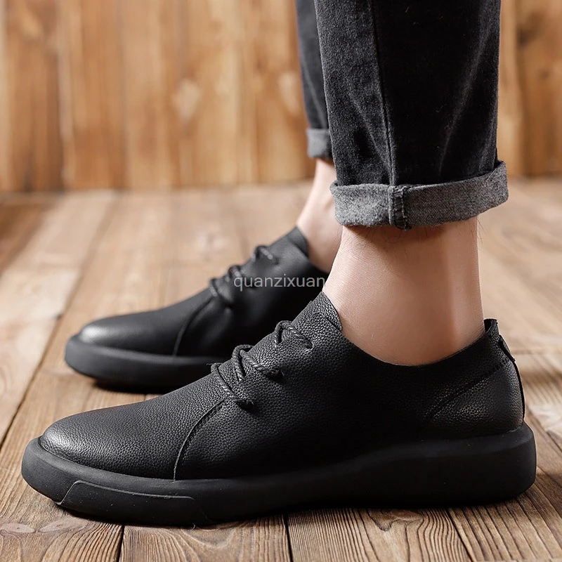 

2021 New Sping Shoes For Men Ankle Boots Leather Short Boots Soft Low Top Nude Shoes Men Boots Casual Male Flats Black Brown8137