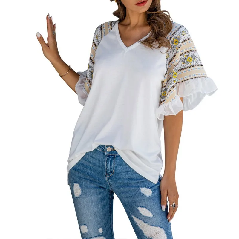 

Women's T-shirt Casual Summer Sexy Fashion Color Mosaic Chiffon Ruffled V-neck T-shirt Woman DF#