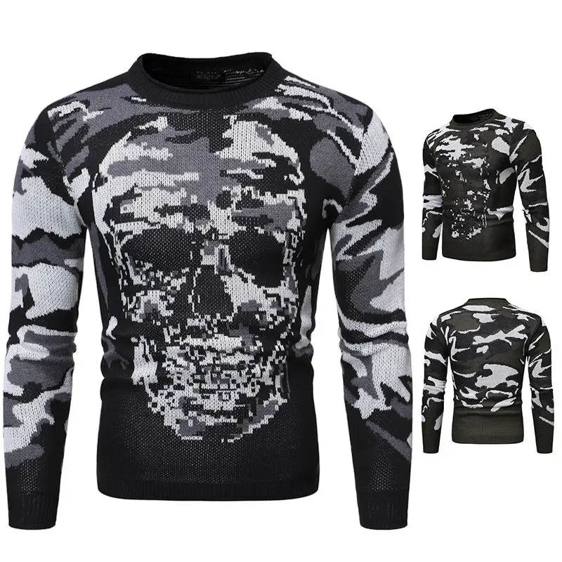 

Men Camouflage Skull Sweater Knitted Bottoming Tops Slim Casual Sports Pullover O-neck Male Clothes Hiphop Sweaters Coat Autumn
